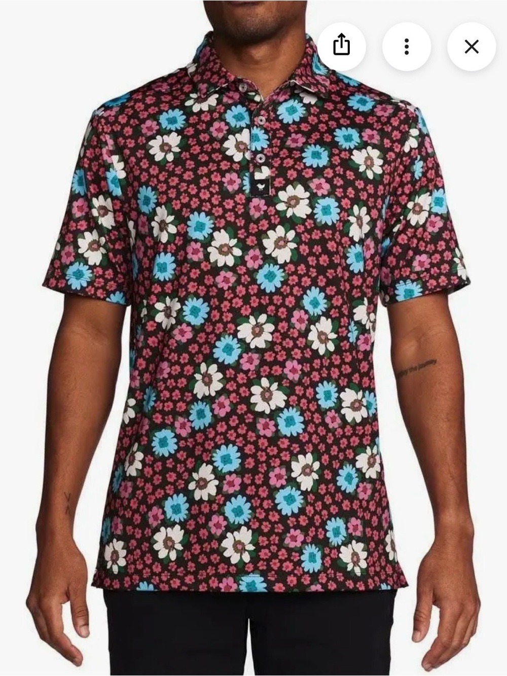 Bad Birdie Men's Austin Floral Golf Polo Shirt in Black with Pink & Blue Flowers